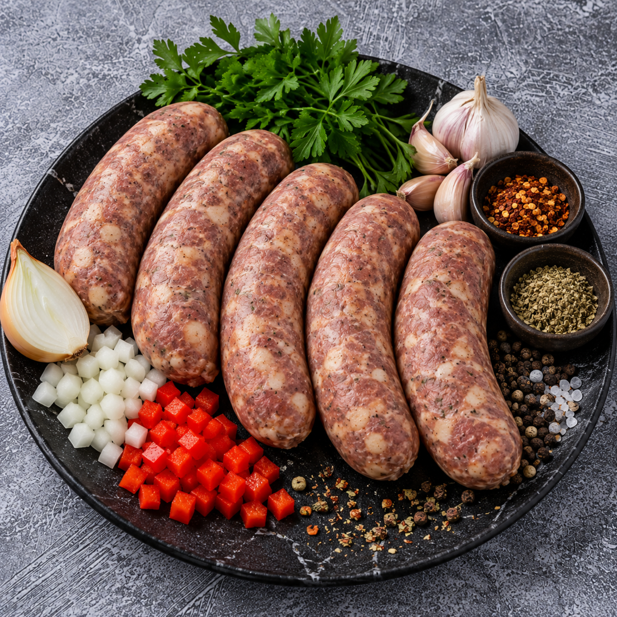 Cinco chorizos artesanales tradicionales crudos sobre plato negro, con perejil, ajo, cebolla, pimentón y especias