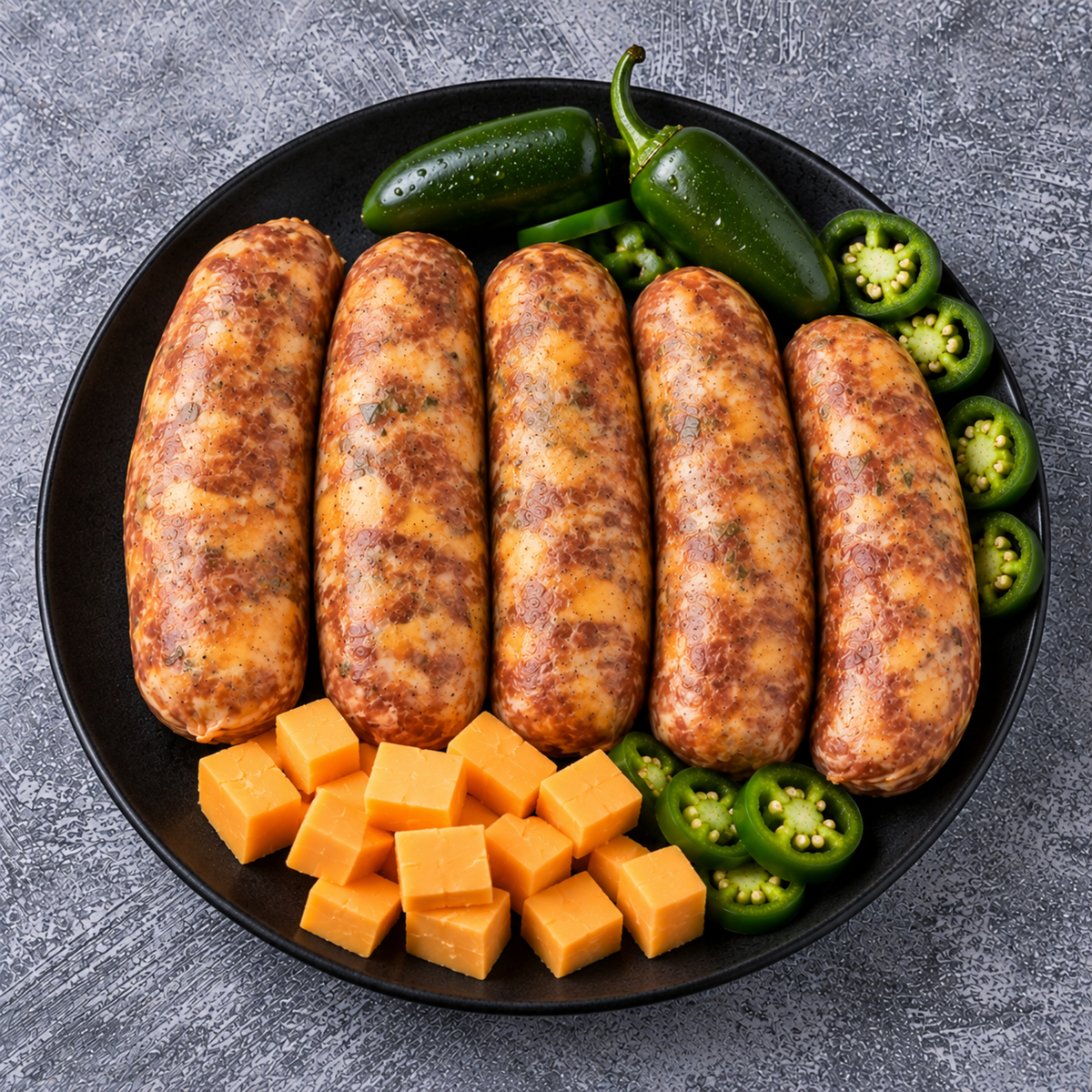 Cinco chorizos artesanales de queso cheddar y jalapeño crudos sobre plato negro, con cubos de cheddar y rodajas de jalapeño