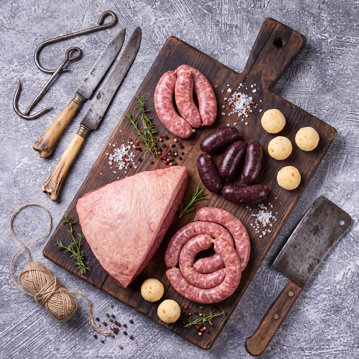 Kit Asado de Punta de Anca: punta de anca entera, chorizo, morcilla y arepitas sobre tabla de madera, La Carnicerie
