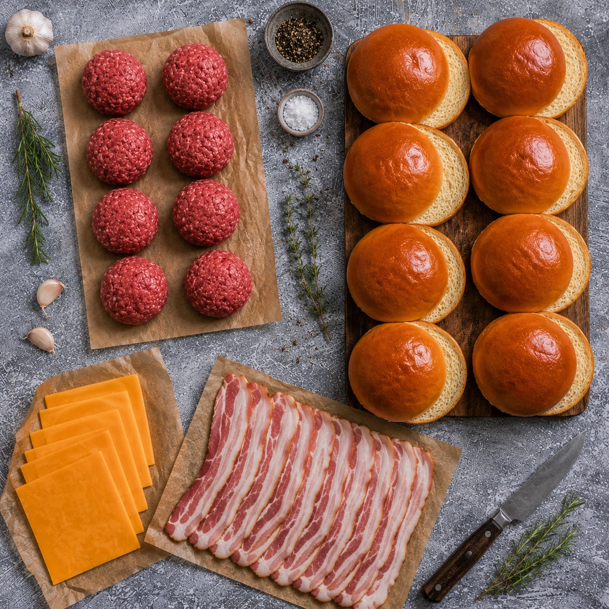 Kit de bolitas de carne para hamburguesas smash con pan brioche, queso cheddar y tocineta – La Carnicerie